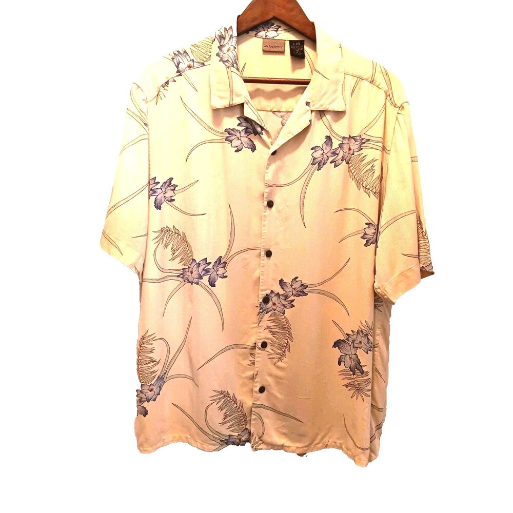 Axist Men's Hawaiian Camp Shirt L Light Yellow  Blue Floral Silk Button Front